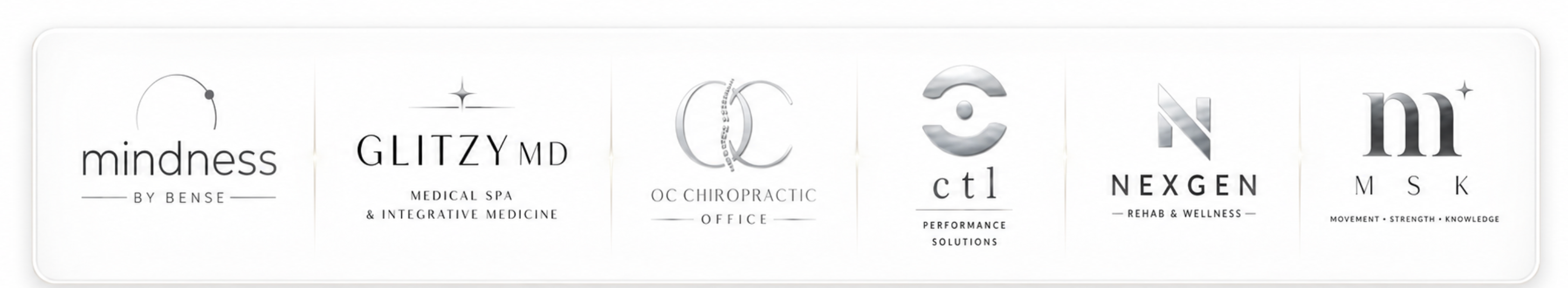 Trusted by mindness, Glitzy MD, OC Chiropractic Office, CTL Performance Solutions, Nexgen Rehab & Wellness, MSK