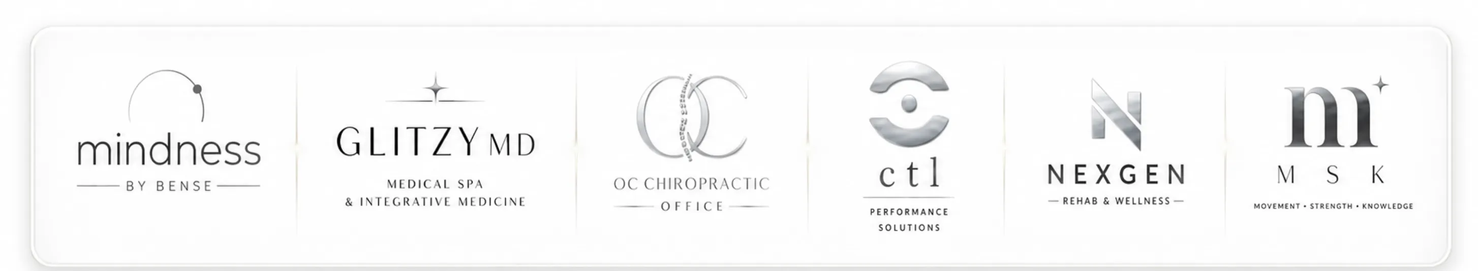 Trusted by mindness, Glitzy MD, OC Chiropractic Office, CTL Performance Solutions, Nexgen Rehab & Wellness, MSK